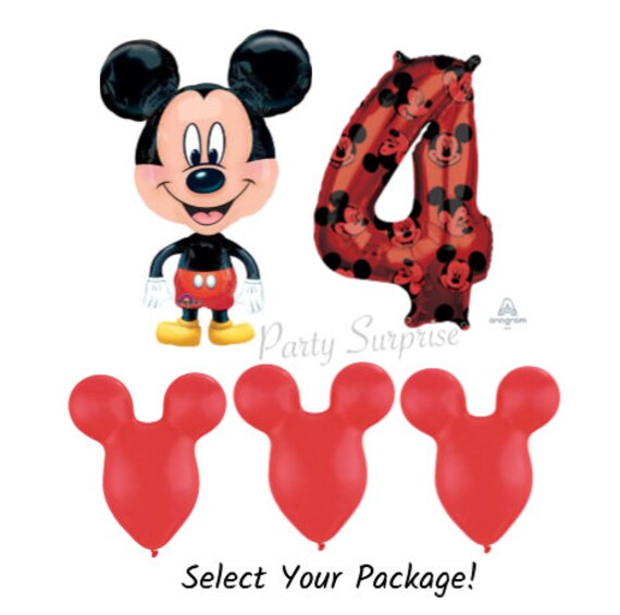 Mickey Mouse 4th Birthday Balloon Pkg Jumbo Mickey Number 4 26" Boy 4th Birthday Balloons Red Mouse Ears Mickey Walker Balloons Made in USA Il_570xn