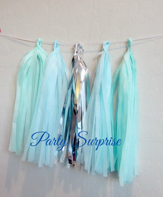 Tissue Tassel Garland Baby Blue Mint Silver, Baby Boy Shower Garland, Light Blue with Mint and Metallic Silver DIY Tassel Garland Kit Il_570xn