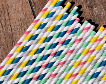 Straws Striped Pink, Blue Teal, Light Gray, Yellow, Light Mint Green, Baby Shower Bridal Shower Wedding Birdhay Party Paper Straws