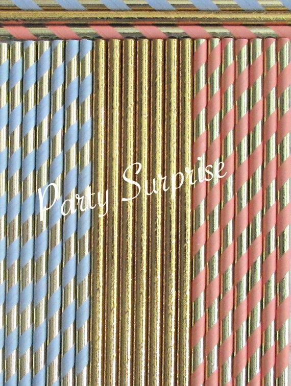 Gold Pink Blue Straw Mix, Pink and Gold Stripe, Straws Blue and Gold Stripe straws, Gold Foil Straws, 1st Birthday Baby Shower Gender Reveal Il_570xn