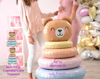 Teddy Bear Balloon Tower Air Fill Only For Baby Boys or Baby Girls! 43" High, Baby Shower, New Baby Teddy Bear Balloons No Helium Used