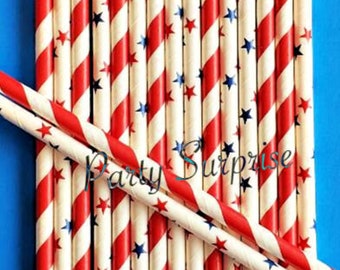 Patriotic Straws Red White Blue Stars and Stripes American 4th of July Military First Responder Birthday Strong Paper Straws