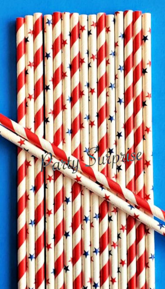 Patriotic Straws Red White Blue Stars and Stripes American 4th of July Military First Responder Birthday Strong Paper Straws Il_570xn