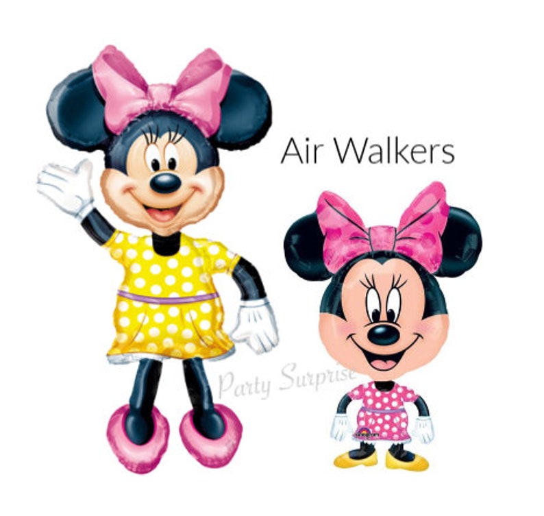 Pode incluir: Dois bal&otilde;es infl&aacute;veis Air Walker com um personagem de desenho animado vestido com um vestido amarelo de bolinhas e um la&ccedil;o rosa. O texto "Air Walkers" &eacute; vis&iacute;vel na imagem.