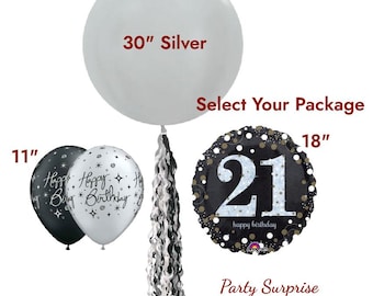 21st Birthday Balloon Package, Black, Gold, and Silver Mylar Balloons
