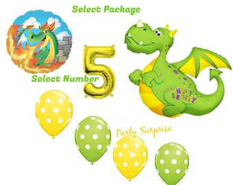 Dragon Birthday Balloon Package, Green Mylar Foil Decor, USA Made
