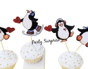 Penguin Cupcake Toppers with Red Glitter Heart Custom Hand Made Valentines Day Anniversary Engagement Ice Skating Customize Text