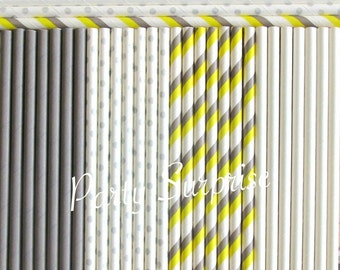 Straws yellow gray and white paper straw mix Solid White Grey Wedding Baby Shower Straws Birthday Party, Girl Baby Boy Baby Gender Reveal