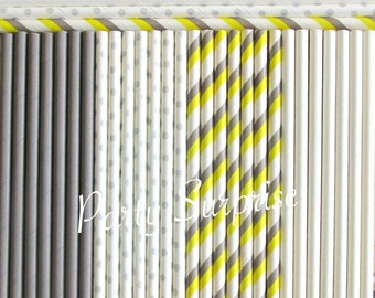 Yellow, Gray and White Paper Straws, Striped and Polka Dot Mix
