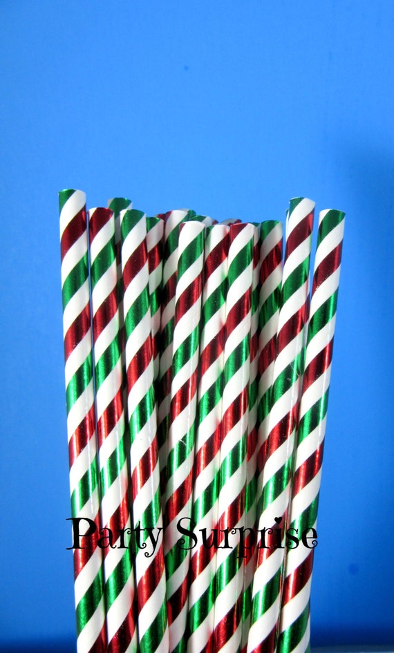 Christmas Straws Red Green White Metallic Foil Striped Straws Christmas Party Cake Pop Straws New Years Party Il_570xn