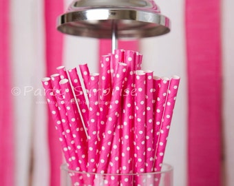 Pink Straws, Hot Pink Polka Dot Straws Bridal Shower Sweet 16 Baby Shower Girl Party Straws, Shower Straws, Pink Straws