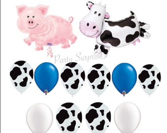 Farm Boy Balloons Cow Pig Farm Party Boy Balloons Blue White Cow Print Boy Farm Party Balloons Jumbo Cow Balloon Jumbo Pig Balloon Made USA