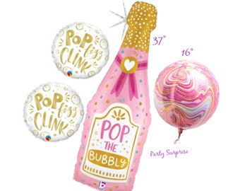 Pink Champagne Bottle, Pop Fizz Clink, Pink Marble Orbz Balloon Pkg Pink/Gold Balloon Pkg Celebrate New Year, Wedding, Showers, Birthday