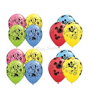 May include: A set of 10 Mickey Mouse and Minnie Mouse balloons. The balloons are in various colours, including red, yellow, blue, green, and pink. Each balloon features a different design of Mickey Mouse or Minnie Mouse.