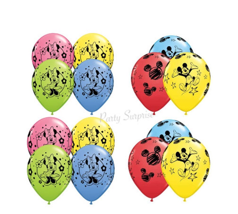 May include: A set of 10 Mickey Mouse and Minnie Mouse balloons. The balloons are in various colours, including red, yellow, blue, green, and pink. Each balloon features a different design of Mickey Mouse or Minnie Mouse.
