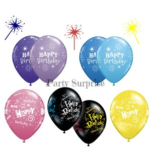 May include: A collection of colorful balloons with the words "Happy Birthday" printed on them. The balloons are in various colors, including purple, blue, pink, black, and yellow. Decorative starbursts are also present.