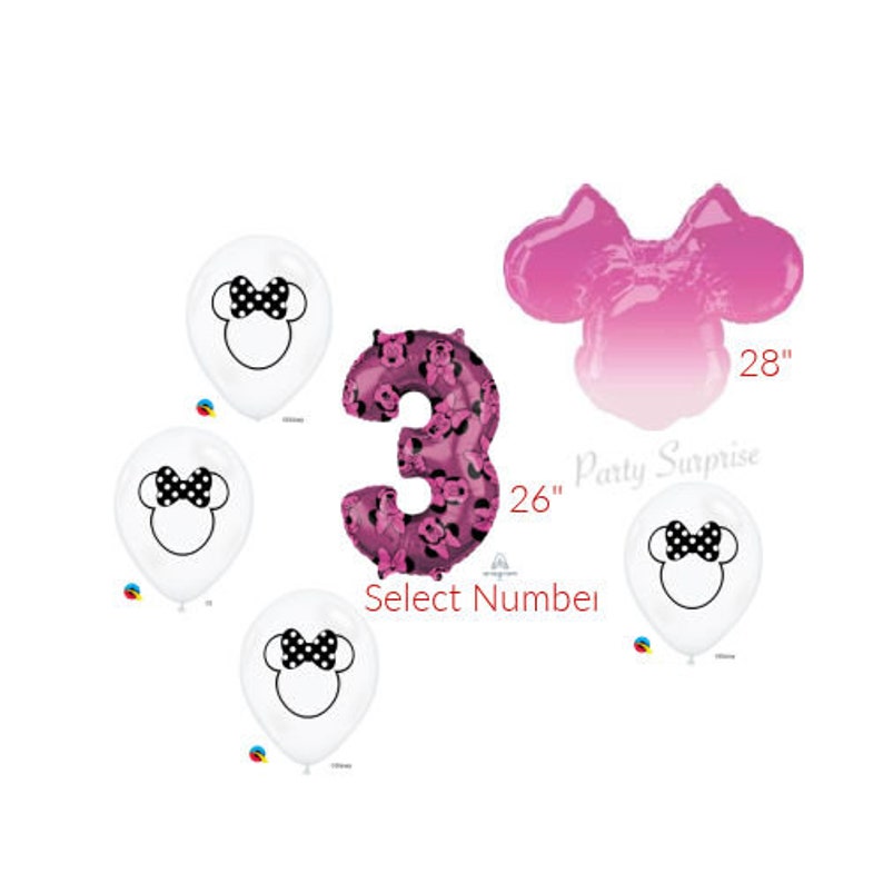 May include: A set of pink and white balloons featuring a Minnie Mouse design. The set includes a 26-inch pink number 3 balloon, a 28-inch pink Minnie Mouse head balloon, and three 18-inch white balloons with Minnie Mouse ears and a black bow. The balloons are perfect for a birthday party.