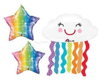 Rainbow Star and Cloud Balloons, Unicorn Wedding Fairy Tale Birthday Twinkle Star Balloons, Rainbow Decor, Made in USA