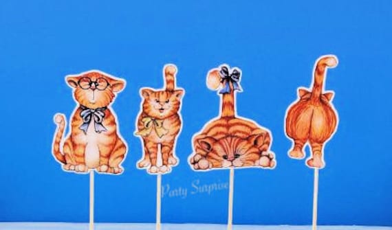 Cat Cupcake Toppers Orange Tabby Cat Custom Made Toppers Whimsical Cat Paw Party Toppers Personalize Custom Text Mde in USA Il_570xn