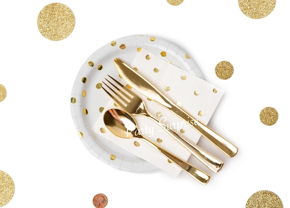 Gold Cutlery Disposable Can't Believe its not Real! Genuine Knives Forks Spoons Metallic Gold Upscale Party Flatware Sets Strong Silverware Il_570xn