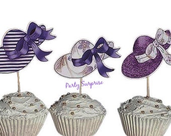 Southern Ladies Hats Cupcake Toppers Hand Made Custom Purple White Derby Hats Garden Party Bridal Shower Made in USA Ladies Sweet Sixteen