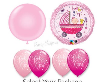 Baby Girl Shower Balloons Baby Carriage Mylar Foil Latex Select  Your Pkg Made in USA Pink Girl Balloons New Baby Girl Bouquet