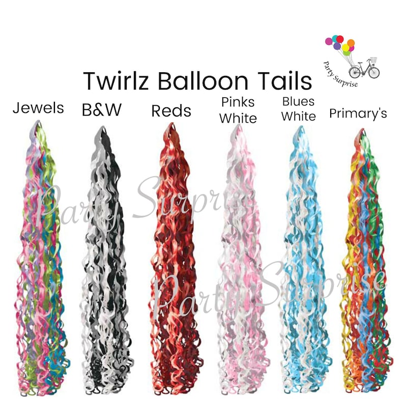 May include: Assortment of colorful balloon tails in various colors including jewels, black and white, reds, pinks, blues, and primary colors. Twirlz Balloon Tails.
