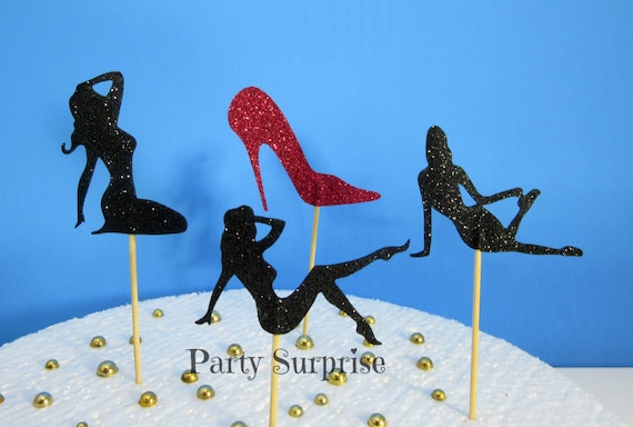 Stripper Cupcake Toppers Pin Up Girls Bachelor Party Wedding Rehearsal Bridal Shower Birthday Party Black Glitter Cupcake Toppers Il_570xn