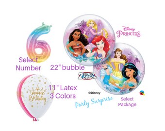 Princess Bubble Balloon 22", Happy Birthday with Gold Crown 3 colors Latex 11", Rainbow Number Balloon air inflate select number Choose Pkg