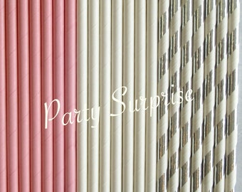 Pink Straws Solid White Straws Silver foil Stripe Straws Wedding Baby Shower Girl Party Birthday Bridal Shower Pink White and Silver Straws