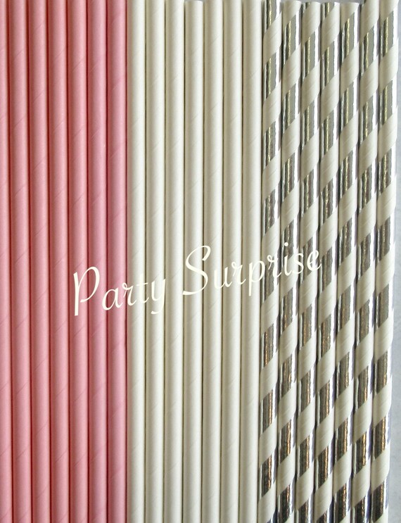 Pink Straws Solid White Straws Silver foil Stripe Straws Wedding Baby Shower Girl Party Birthday Bridal Shower Pink White and Silver Straws Il_570xn