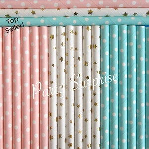 Gender Reveal Straws Baby Straws Baby Pink Straws Aqua Blue Straws Gold Foil Stars Straws Baby Shower Straws  cake pop straws