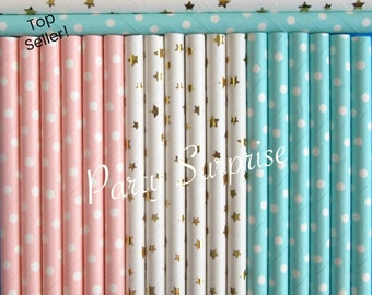 Gender Reveal Straws Baby Straws Baby Pink Straws Aqua Blue Straws Gold Foil Stars Straws Baby Shower Straws  cake pop straws