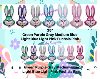 Rabbit Head Balloons Easter Bunnies Mylar Foil Made in USA 35" and 16" Pink Blue Green Purple Fuchsia Gray Green Bunny Balloons