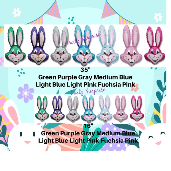 Rabbit Head Balloons Easter Bunnies Mylar Foil Made in USA 35" and 16" Pink Blue Green Purple Fuchsia Gray Green Bunny Balloons