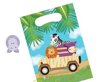 Safari Party Treat Bags Safari favor bags with handles Kids Birthday Party Zoo Circus Jungle Party Decor Lion Hippo Zebra Plastic Treat Bags