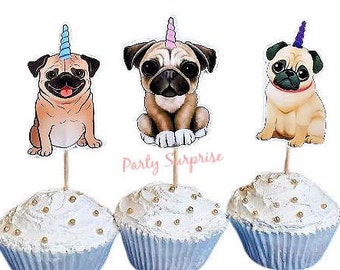 Pugicorn Cupcake Toppers, Banner Dog Party Toppers Custom Made Pug Party Cake Cupcake Paw Print Party Decor Dog Birthday Party Puppy Party