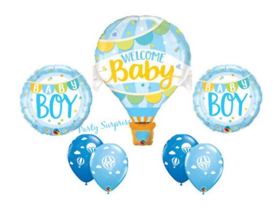 Hot Air Baby Boy Balloon Package Mylar Foil and Latex with Balloon twirlz/tail Blue and White Baby Boy Shower Balloons Hot Air Baby Shower Il_570xn