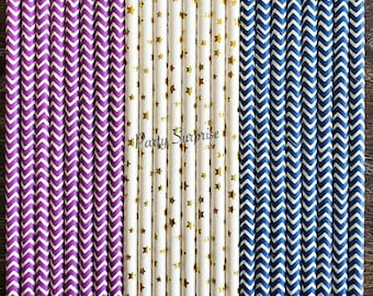 Straws Purple Navy Blue Gold Foil Stars Set Frozen Party Straws Mermaid Party Straws Splash and Shine Straws Girl  Party Straws Chevron