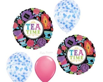 Alice Tea Time Mad Hatter Balloon Blue Confetti Clear Balloons Girls Party Wonderland Tea party Fairytale Party Made in USA