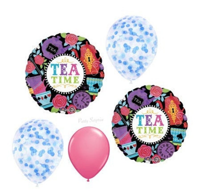 Alice Tea Time Mad Hatter Balloon Blue Confetti Clear Balloons Girls Party Wonderland Tea party Fairytale Party Made in USA image 1