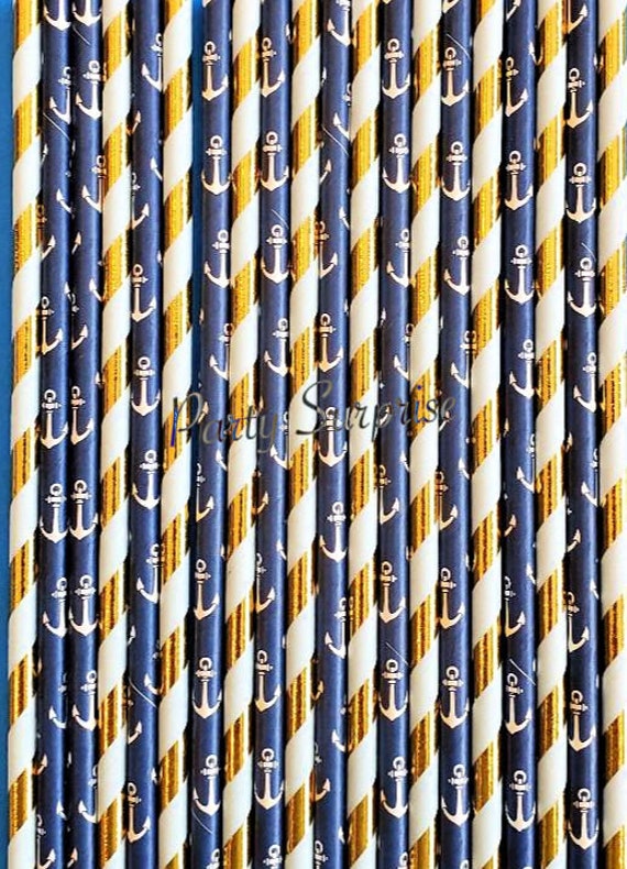Anchor Straws Nautical Party Straws Blue Anchors and Light Blue and Gold Foil Stripe Straws Boy Party Baby Shower Straws Paper Straws Il_570xn