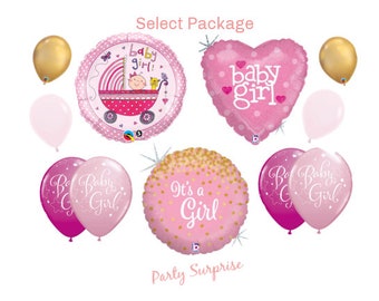 Baby Girl Balloon Package Pink and Gold Balloons Baby Carriage Balloon Heart Gold Foil Balloons Made in USA New Baby Girl Balloons
