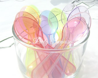 Mini Spoons Disposable Assorted Pastel Colors 3" Food Safe Pink Lavender Blue Clear Green Red Ice Cream Dessert Bar Toppings Little Spoons