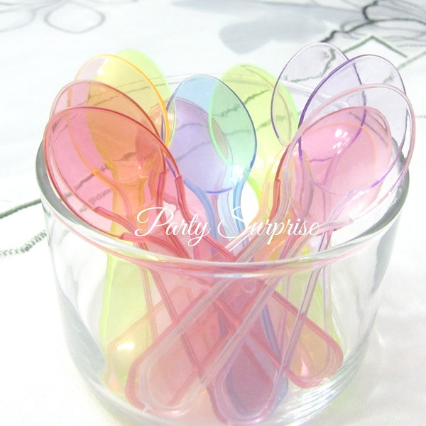 Mini Spoons Disposable Assorted Pastel Colors 3" Food Safe Pink Lavender Blue Clear Green Red Ice Cream Dessert Bar Toppings Little Spoons