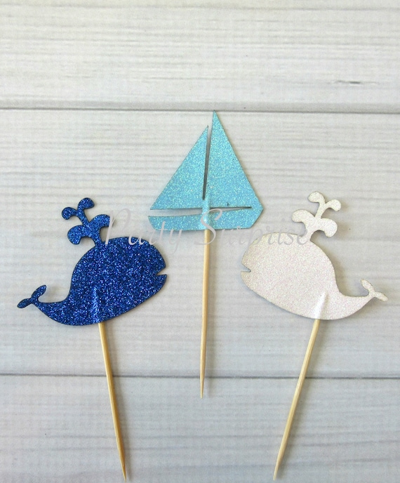 Nautical Cupcake Toppers Whales Sailboat glitter Boy Baby Shower Nautical party decorations Baby Shower party supplies blue white Il_570xn