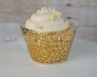 Gold Cupcake Wrapper Metallic Gold Foil Lace Filigree Wedding Birthday Shower Party Cupcake Wrappers