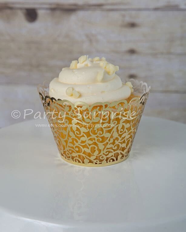 Gold Cupcake Wrapper Metallic Gold Foil Lace Filigree Wedding Birthday Shower Party Cupcake Wrappers