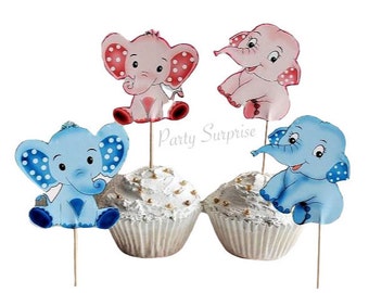 Elephant Cupcake Toppers Blue and Pink Baby Shower Gender Reveal Elephants Custom Hand Made 1st Birthday Girl Boy Toppers Personalized
