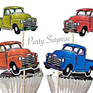 Vintage Trucks Cupcake/Cake Toppers Red Green Blue Rust Truck Banner, Custom Hand Made, Birthday Bachelor Fathers Day Topper, Cupcake Stands